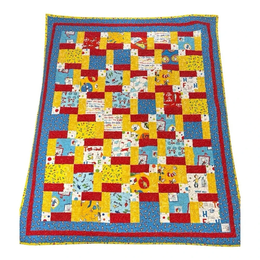Handmade Dr. Suess Themed Quilt Colorful 55”L x 44”W
